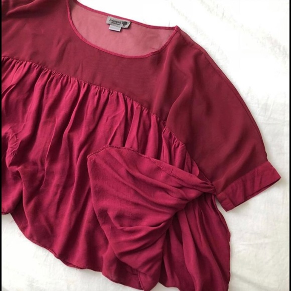 Anthropologie Cranberry Red Mesh Gathered Top - Picture 2 of 3